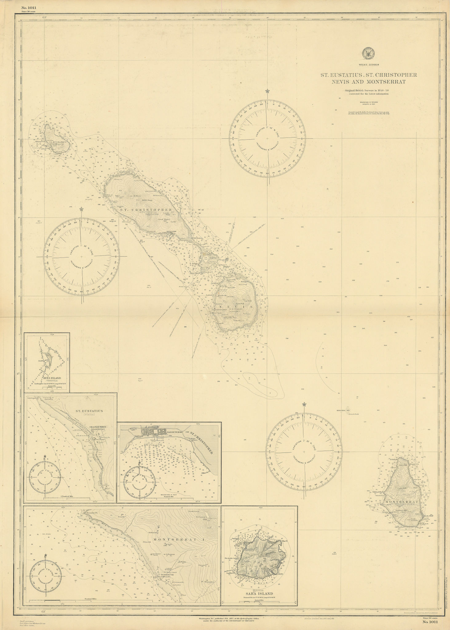 St Kitts Nevis Montserrat Saba Eustatius Caribbean US Navy chart 1887 (1917) map