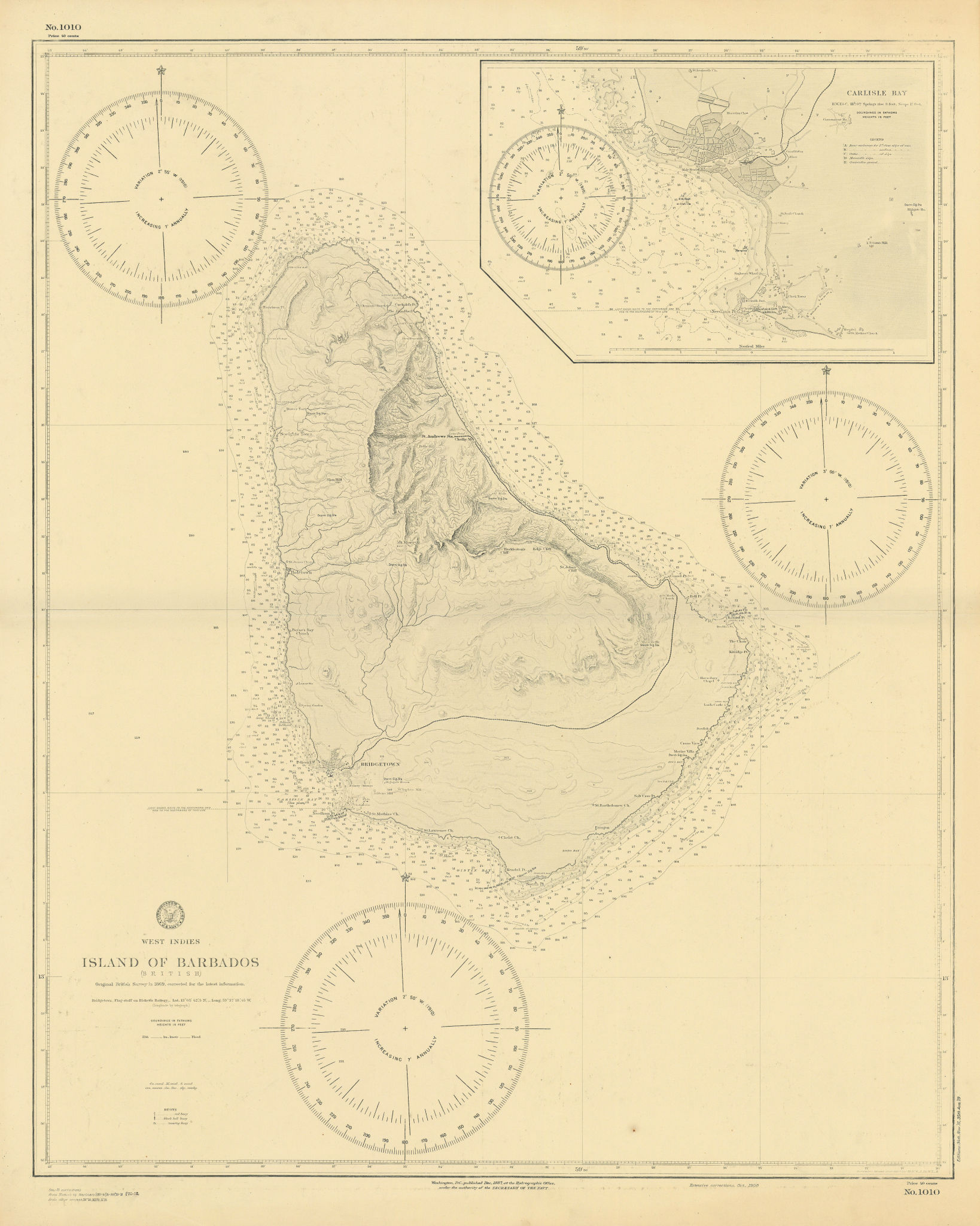 Associate Product Island of Barbados. Carlisle Bay. US Navy sea chart 1887 (1920) old map