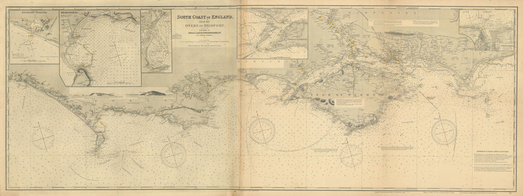 South Coast of England. 175x65cm. Imray Laurie Norie Wilson sea chart 1913 map