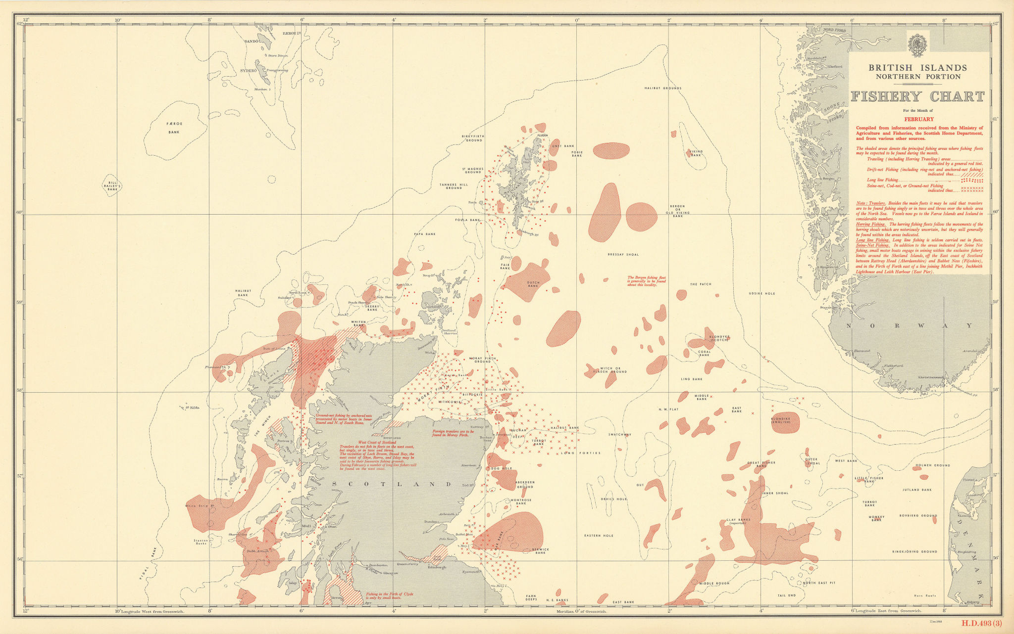 Associate Product British Isles North February Fishery Chart Scotland North Sea Atlantic 1953 map