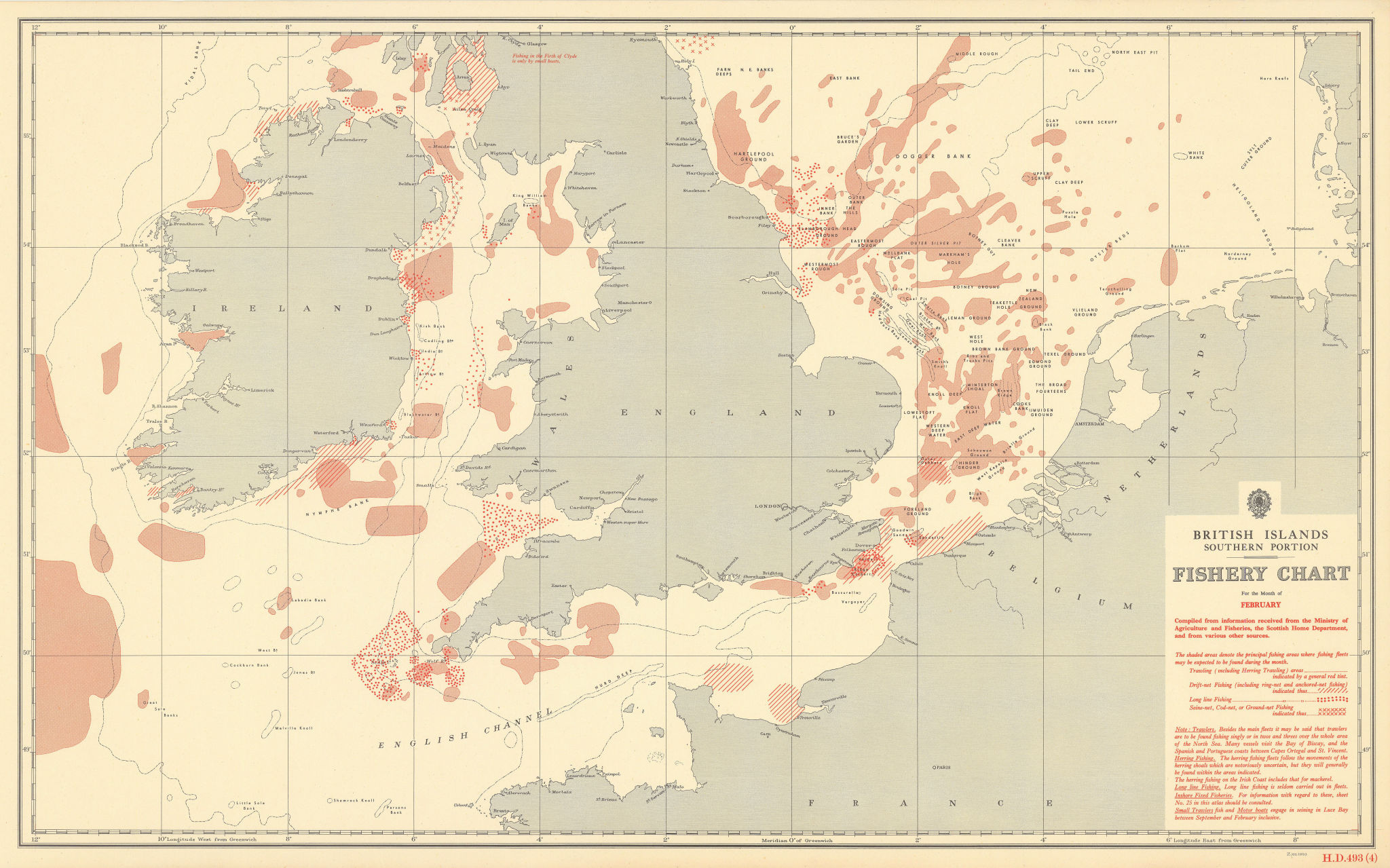 Associate Product British Isles South February Fishery Chart English Channel North Sea 1953 map
