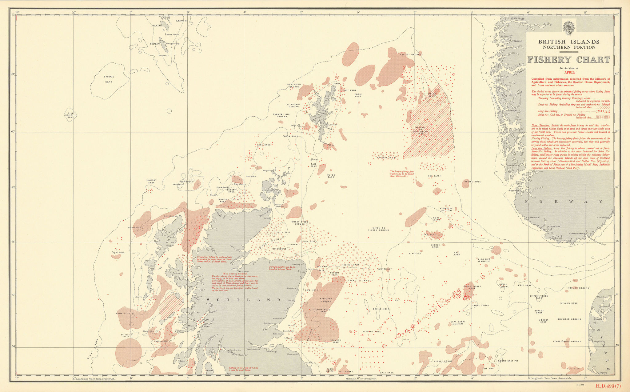 British Isles North April Fishery Chart Scotland North Sea Atlantic 1953 map