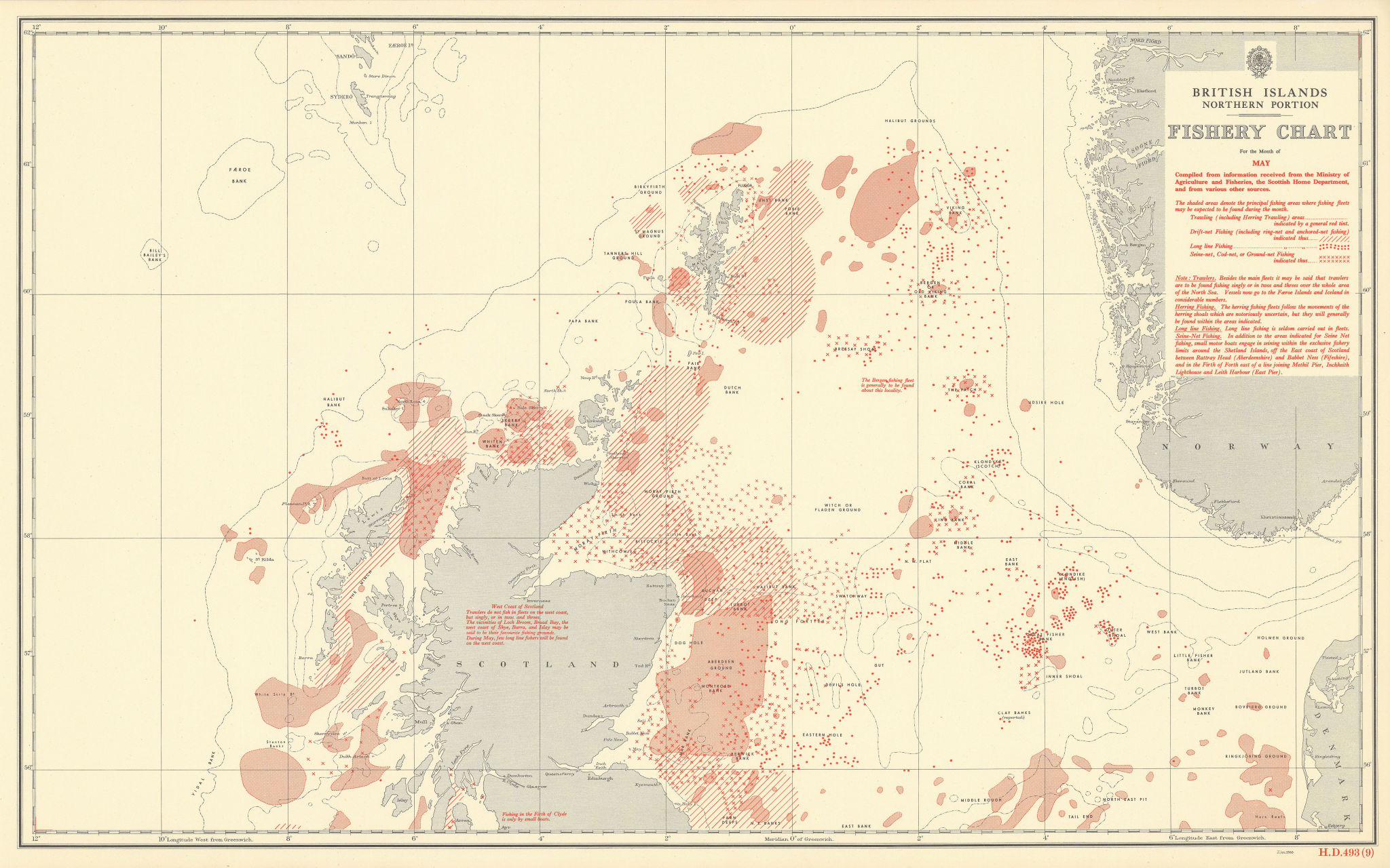 Associate Product British Isles North May Fishery Chart Scotland North Sea Atlantic 1953 old map