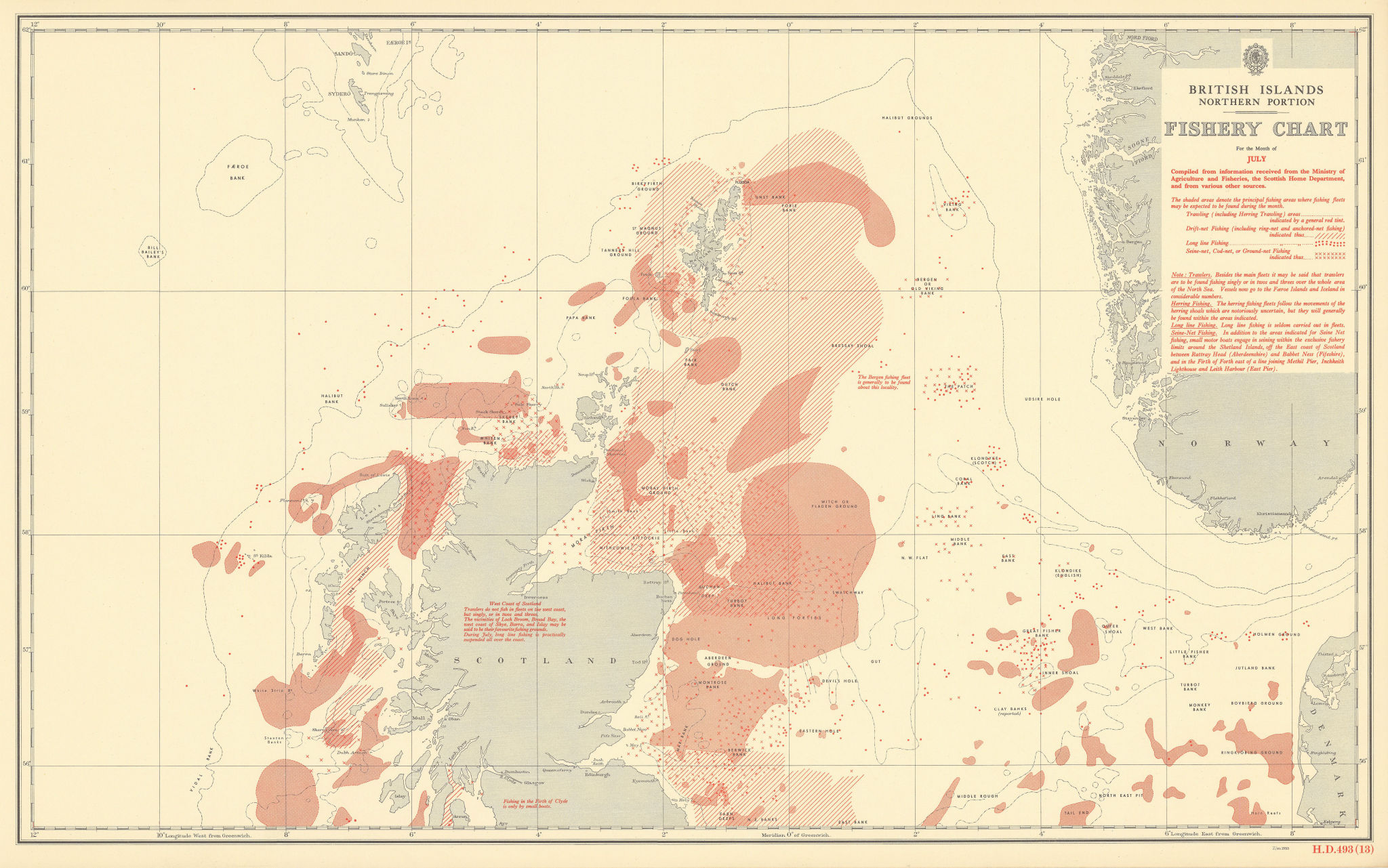 Associate Product British Isles North July Fishery Chart Scotland North Sea Atlantic 1953 map