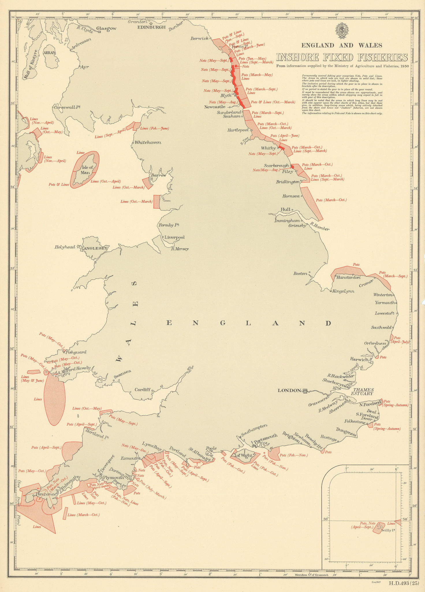Associate Product England & Wales Inshore Fixed Fisheries Lines Pots Nets 1953 old vintage map