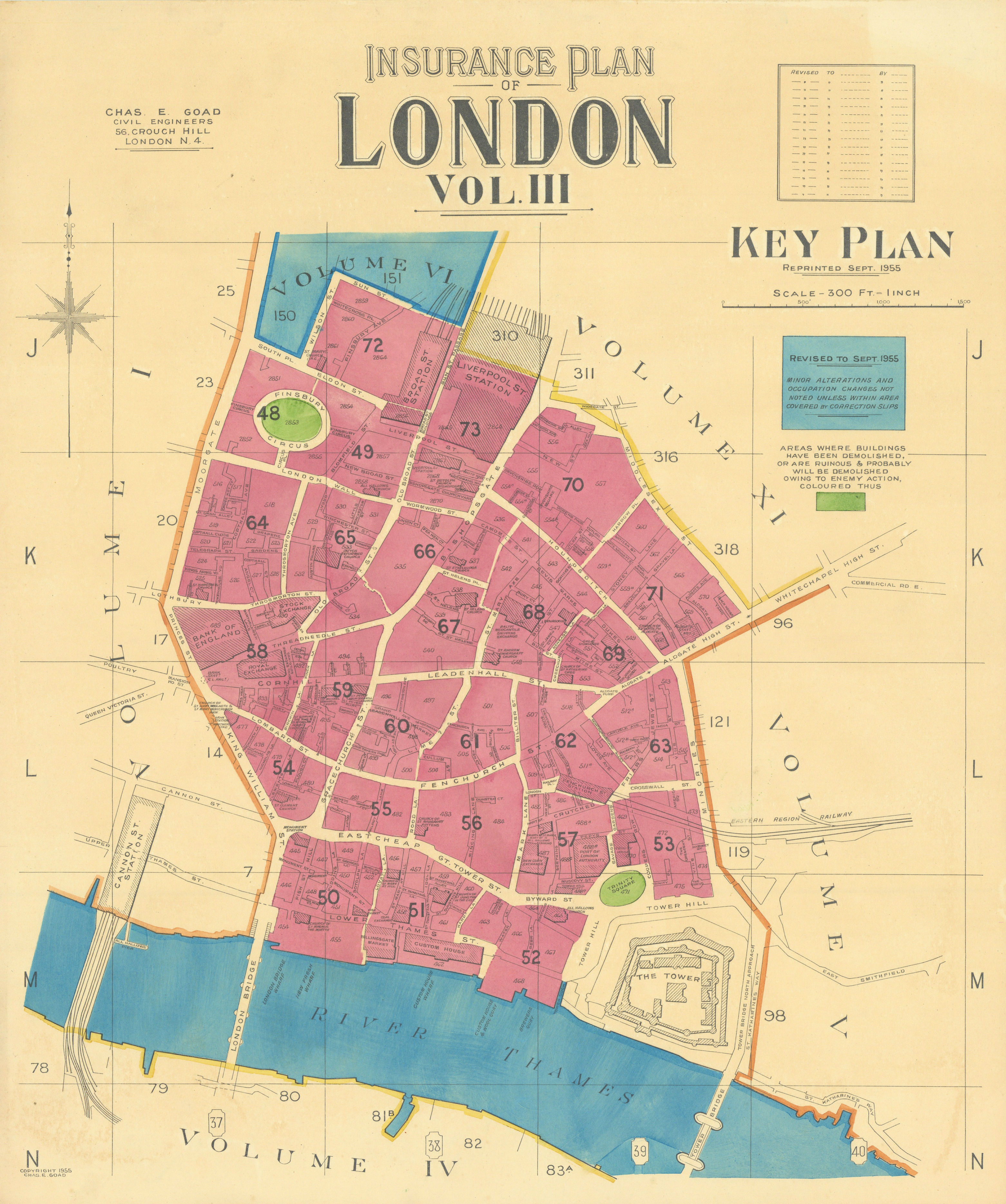 Charles Goad London Vol III Insurance keyplan. City of London 1955 old map