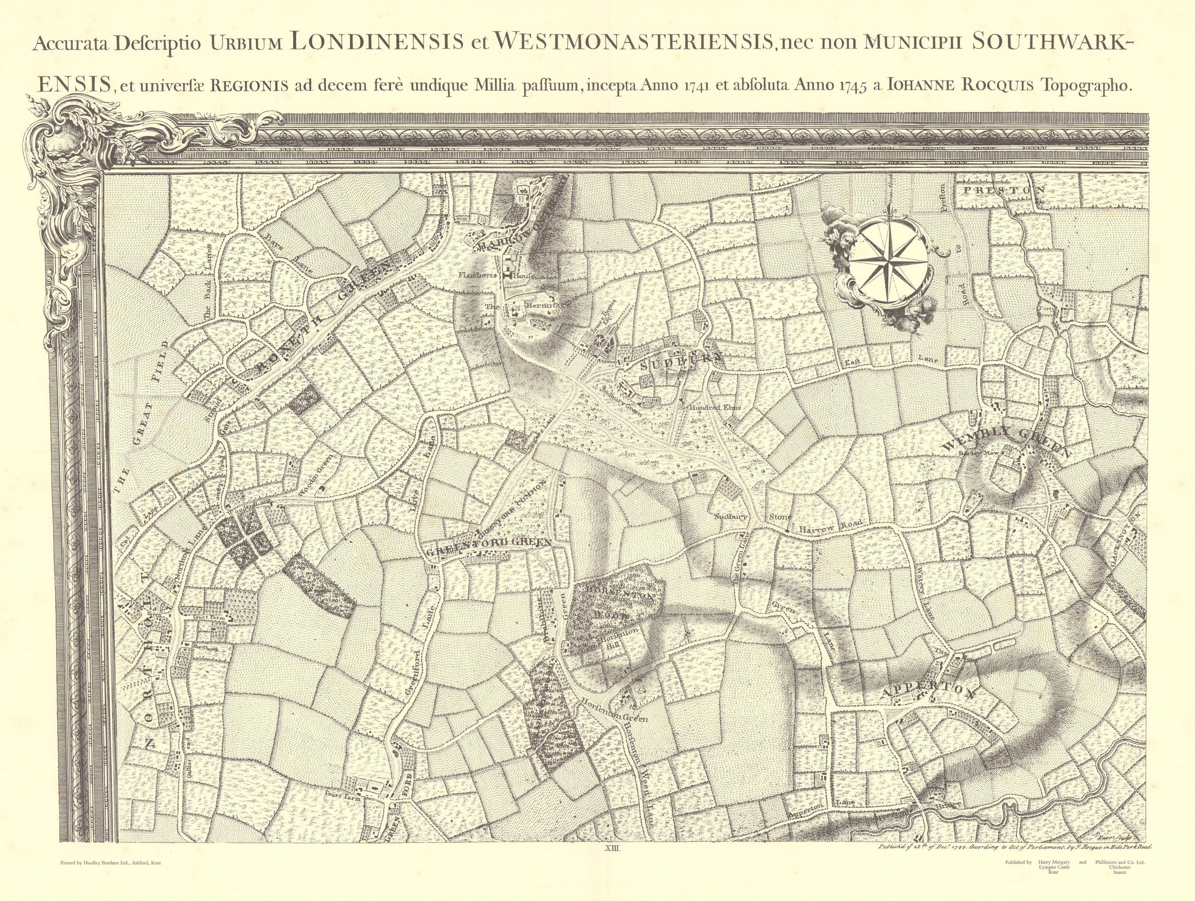 Sudbury, Northolt, Wembley, Alperton, Harrow. #13. After ROCQUE 1971 (1746) map