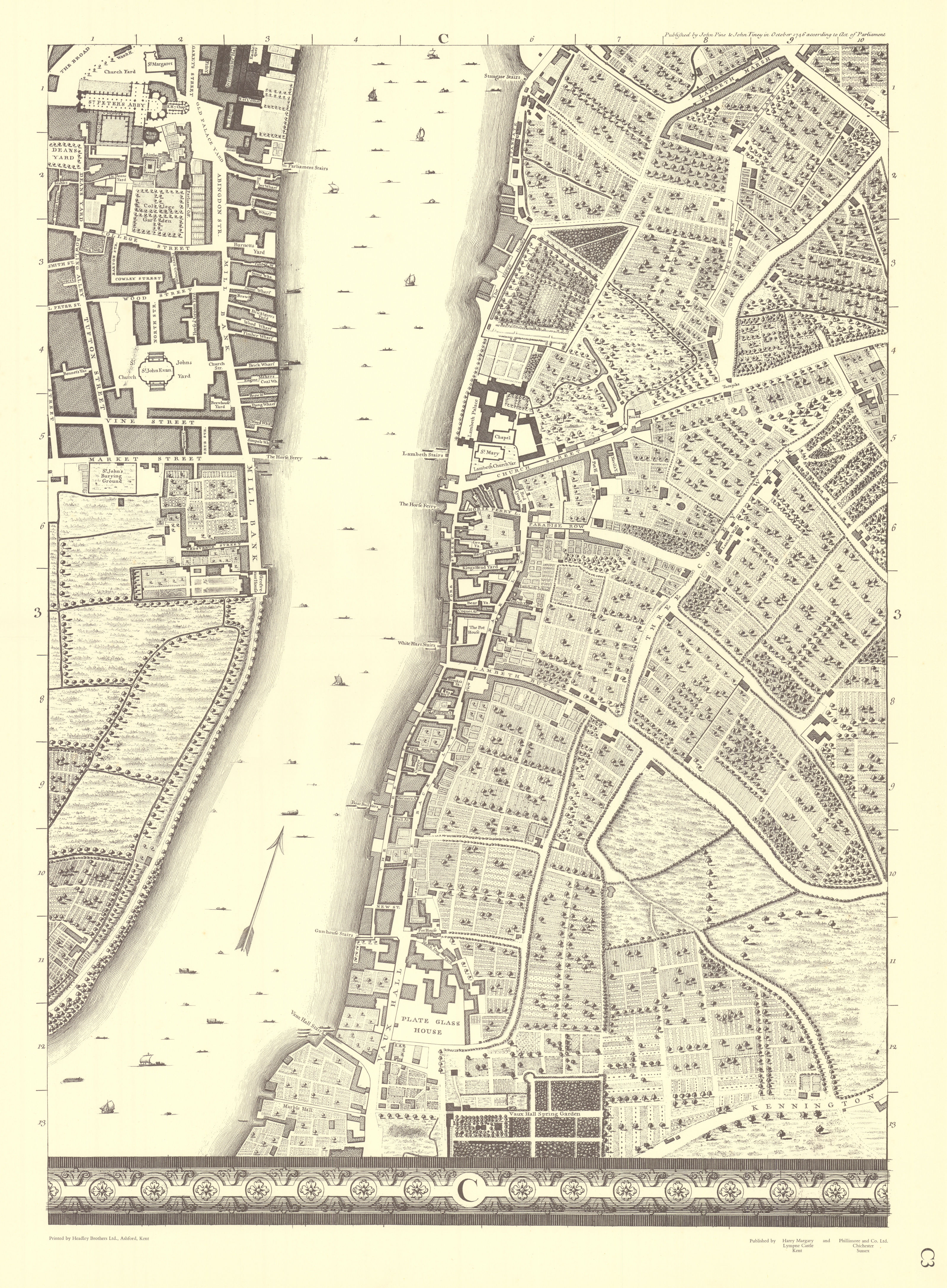 Westminster, Millbank, Vauxhall, Lambeth. Sheet C3. After ROCQUE 1971 (1746) map