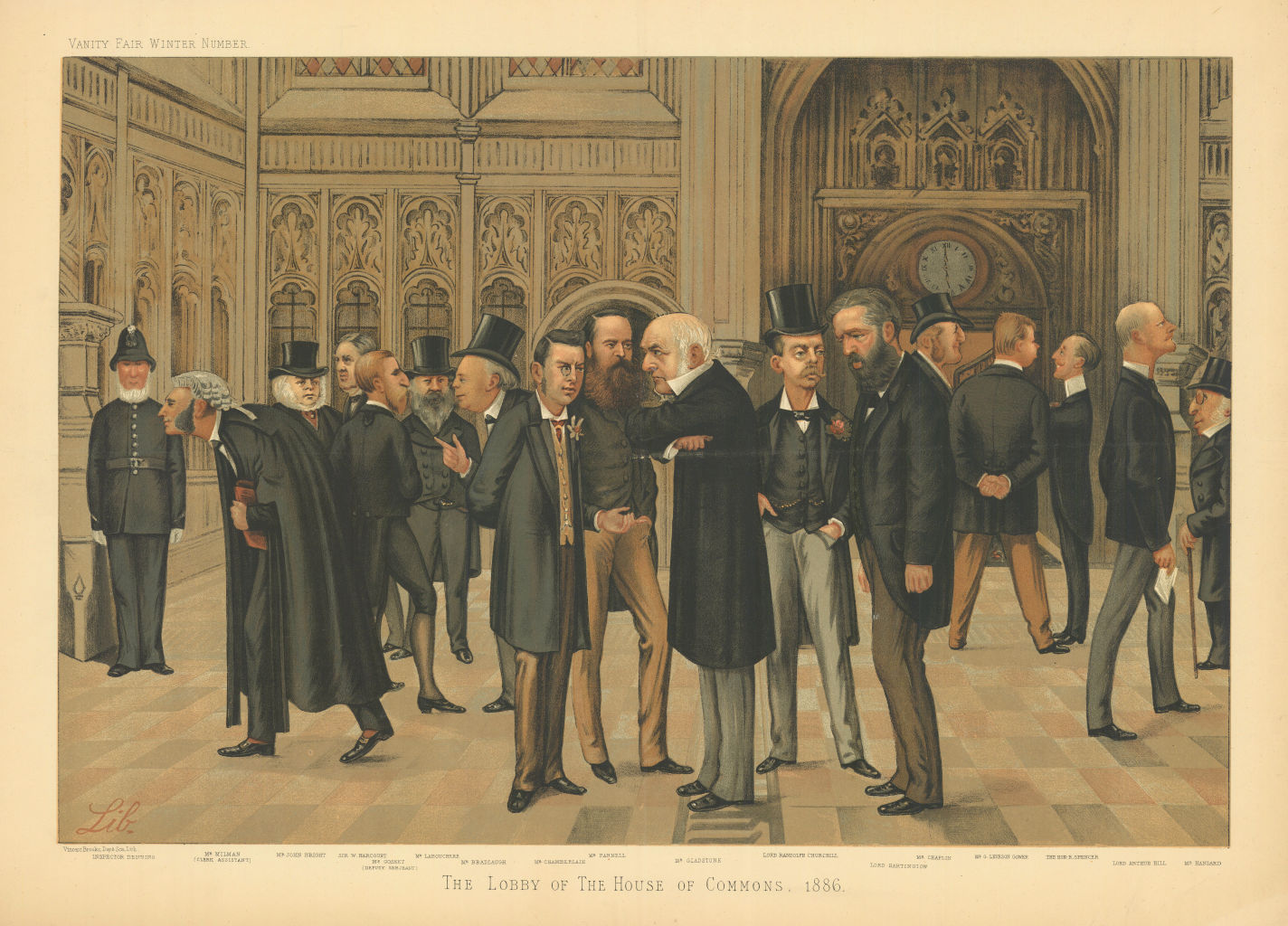 Associate Product VANITY FAIR SPY CARTOON FOLIO. Lobby of House of Commons, by Lib. Politics 1886