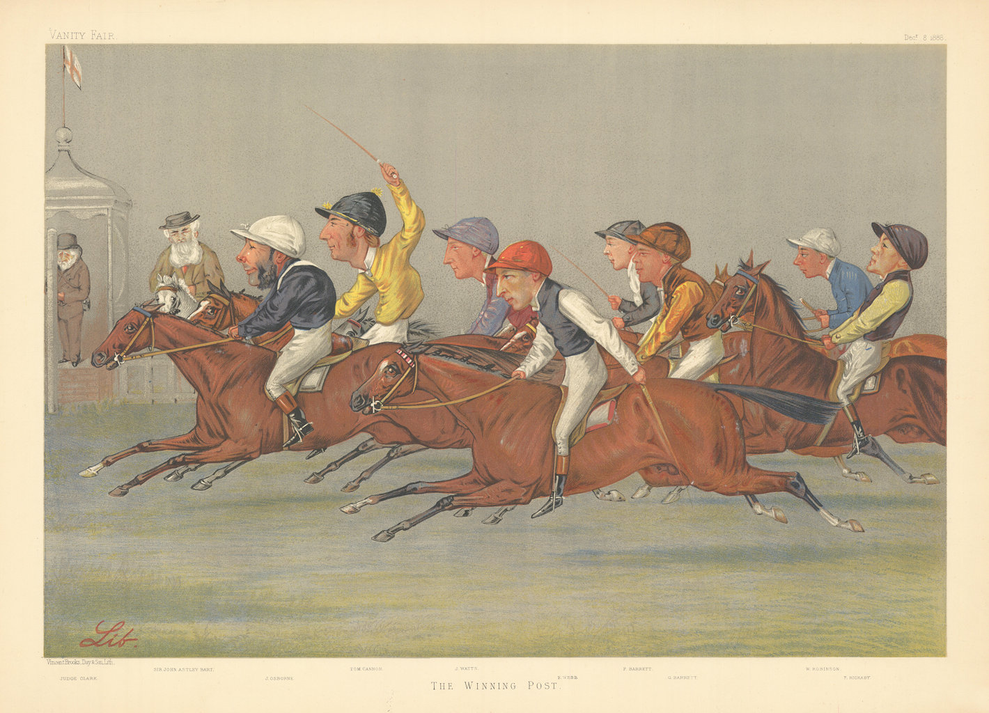 VANITY FAIR SPY CARTOON FOLIO Group of jockeys & horses 'The Winning Post' 1888