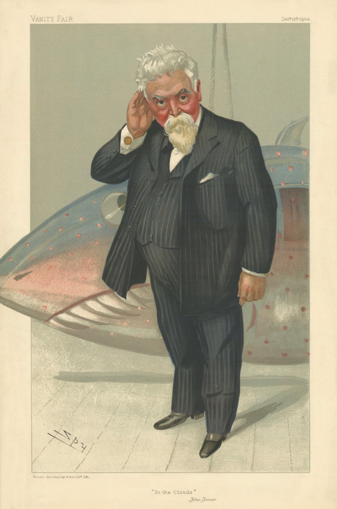 VANITY FAIR SPY CARTOON Sir Hiram Stevens Maxim 'In the clouds' Machine gun 1904