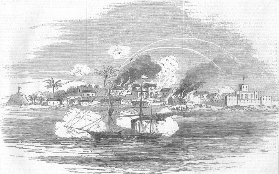 Associate Product GHANA. HM Steamer Scourge attacking Danish Accra. Gold Coast (Ghana) , 1855