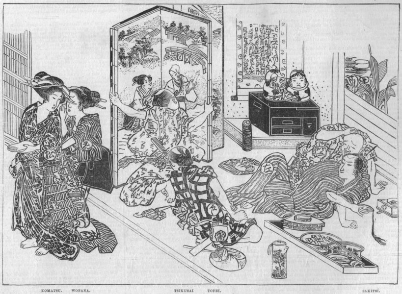 JAPAN. Illustration from a folding screen tale, antique print, 1857
