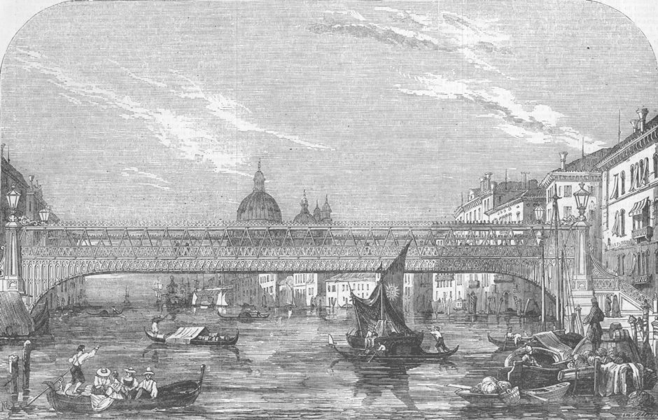 VENICE. New Bridge over the Grand Canal, antique print, 1853