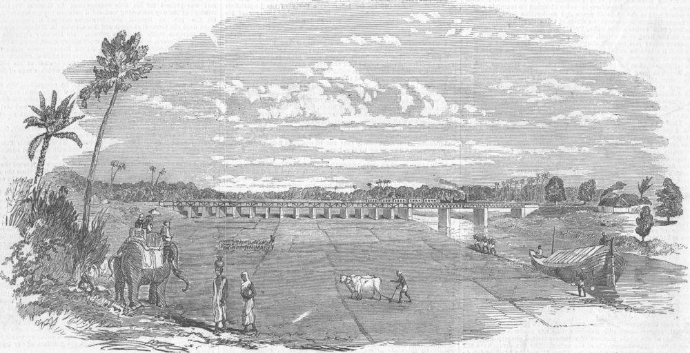 Associate Product INDIA. The East Indian Railway. Sursuttee Bridge and Viaduct, old print, 1853
