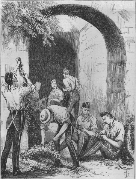 Associate Product MILITARIA. Soldiers making decorations old Sally-Port fortress, old print, c1860