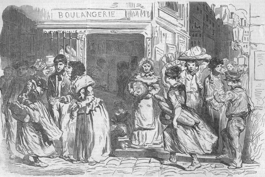 Associate Product PARIS. Parisians discussing the price of bread. France, antique print, 1853