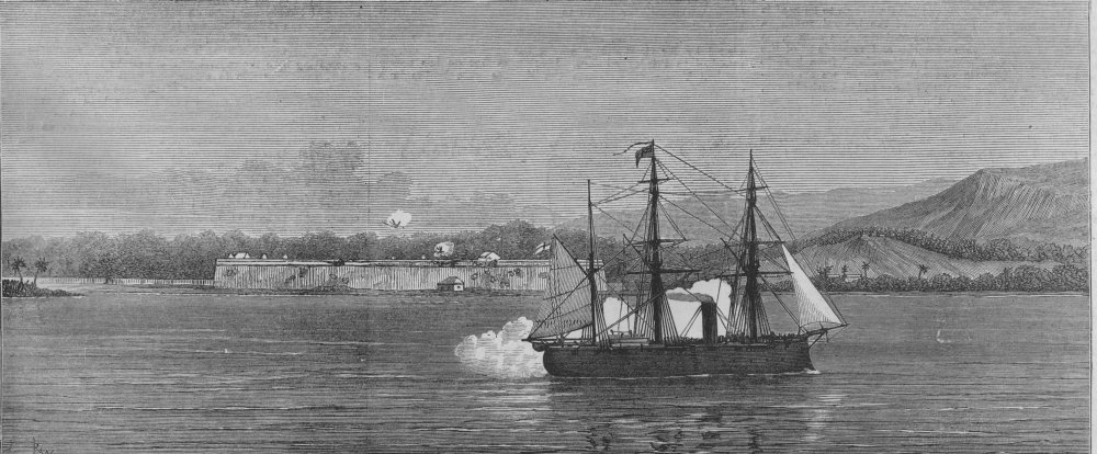 HONDURAS. HMS Niobe bombarding San Fernando castle, Omoa, antique print, 1873