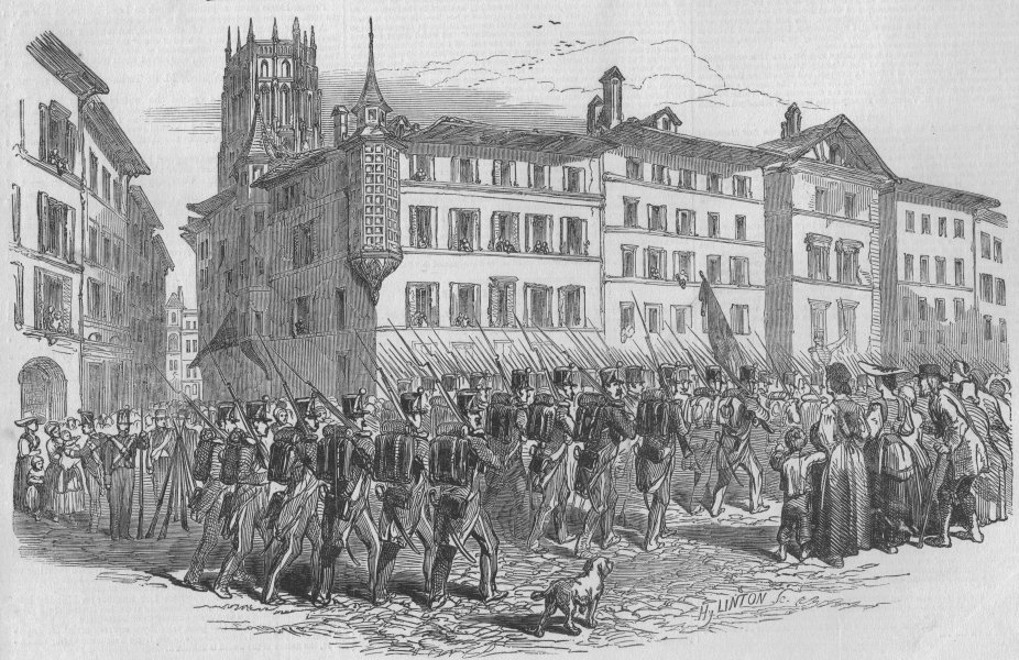 Associate Product SWITZERLAND. Sonderbund war. the Federal troops entering Fribourg, print, 1847