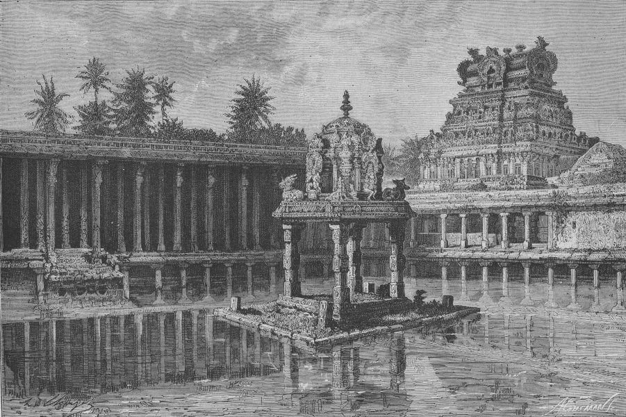 Associate Product INDIA. Tiruchirappalli. Sacred pool, Thiruchchirapalli, India, old print, 1875
