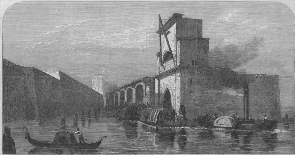VENICE. Steam tug towing ancient galleys out of the Arsenal. Italy, print, 1866
