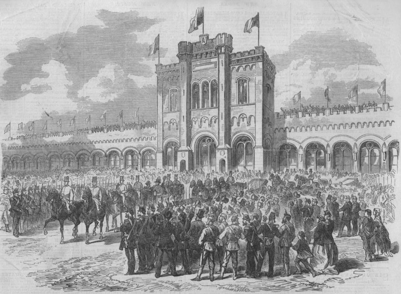 Associate Product BELGIUM. Arrival of King Leopold at the Tir National Brussels, old print, 1866