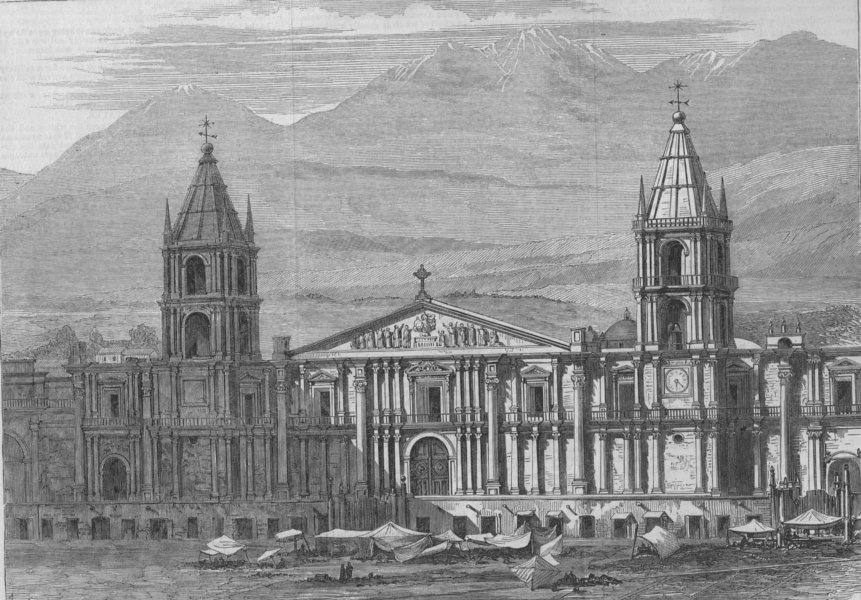 Associate Product PERU EARTHQUAKE 1868. Cathedral of Arequipa. City destroyed, antique print, 1868