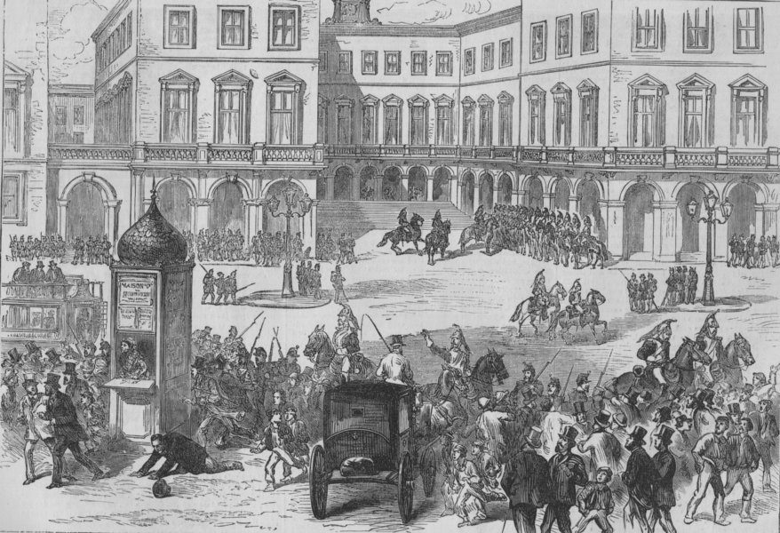 Associate Product PARIS. Municipal Guard dispersing the crowd at St Lazare station, print, 1874
