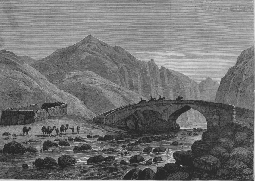 TAJIKISTAN. The old bridge on the Surkhab, or Red River, antique print, 1880