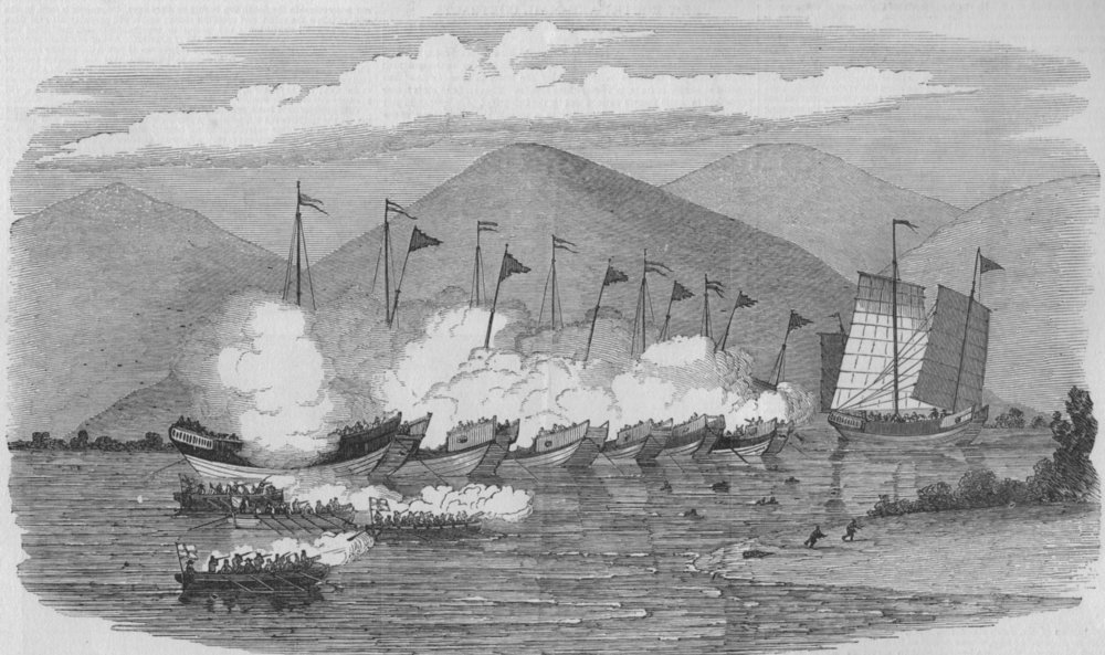 Associate Product CHINA. HMS Medea attacking pirates in Tienpak harbour, South-West China, 1849