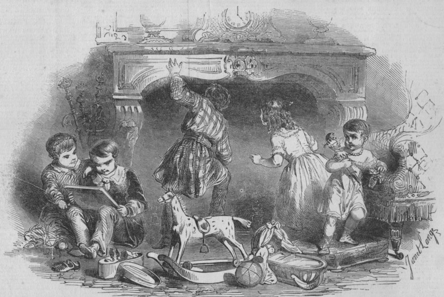 CHILDREN. Christmas in France, antique print, 1849