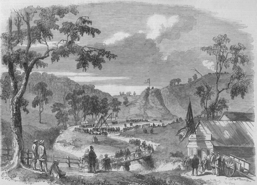 Associate Product AUSTRALIA. Victoria railways. Laying Jackson's Creek viaduct keystone, 1859
