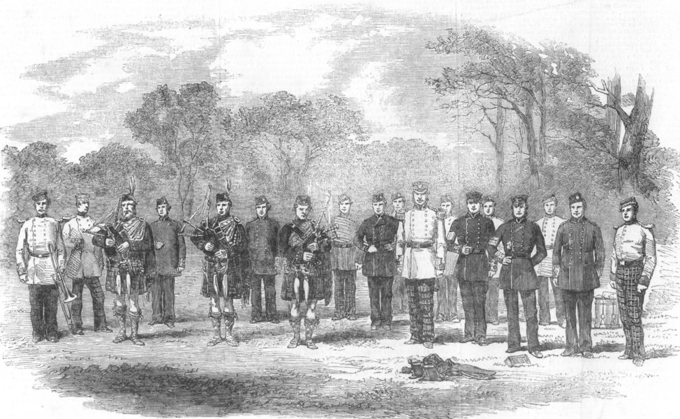 SCOTLAND. Pipers etc, of the Royal Renfrewshire Militia, antique print, 1856