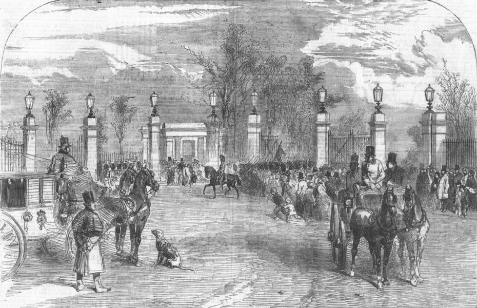Associate Product ST. JAMES'S PARK. New Buckingham-Gate. London, antique print, 1857
