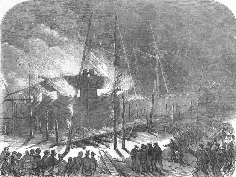 Associate Product MILLWALL. floating battery Etna on fire, at Scott Russell and Co's works, 1855