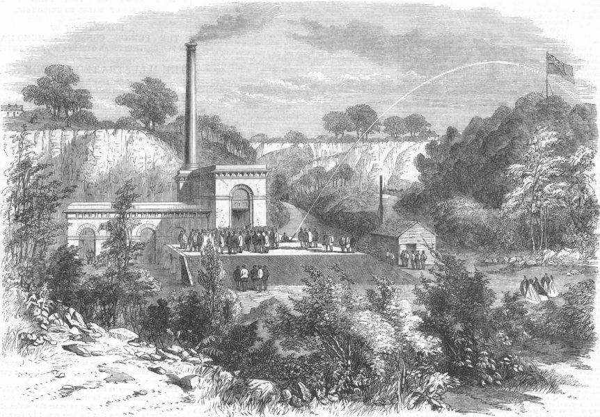 Associate Product GRAYS. S Essex Water works. testing one-inch jet Engine-House, old print, 1863