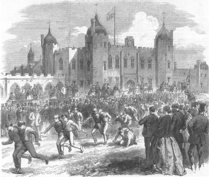 WOOLWICH. Athletic games at the Royal Military Academy. 3-legged race, 1866