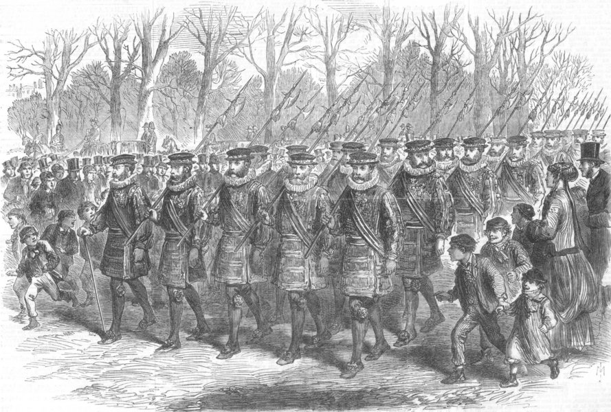 Associate Product LONDON. Yeomen of Guard marching, Buckingham Palace, antique print, 1869