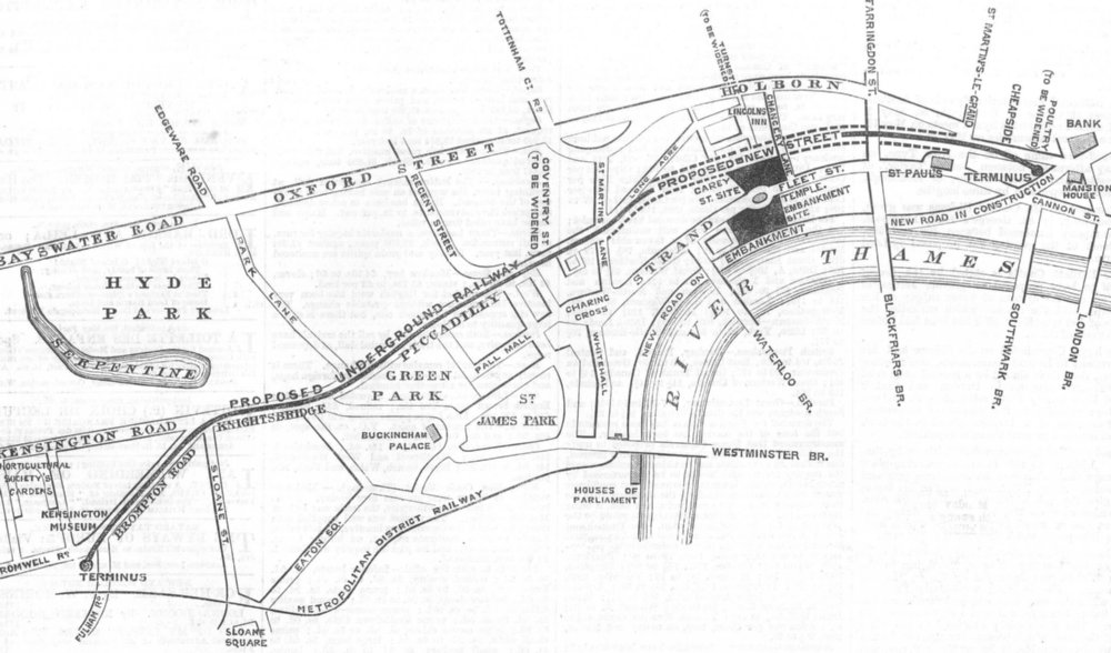 LONDON. Proposed tube line/road/site for the Law Courts. Carey-Street., 1869 map