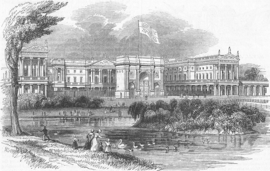 BUCKINGHAM PALACE. from Green Park. Marble Arch before its move, old print, 1842