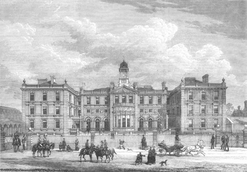 KNIGHTSBRIDGE. The Officers' quarters, New Barracks. London, antique print, 1880