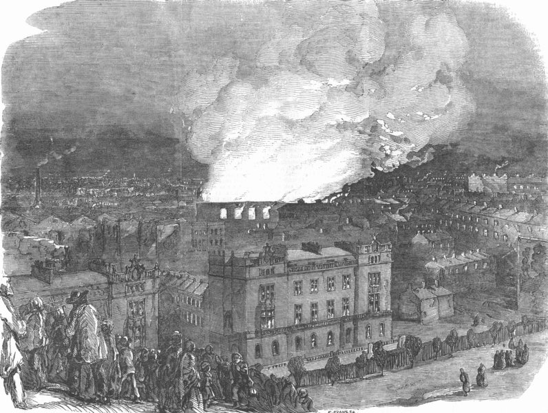 Associate Product LONDON. Fire at Camden Town goods station-sketched from Primrose Hill 1857