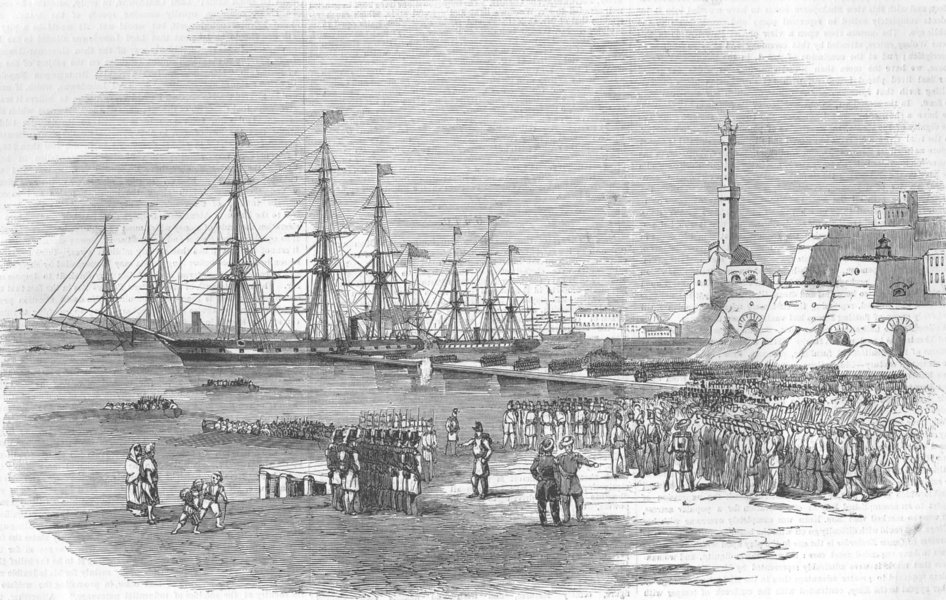 Associate Product ITALY. boarding of Sardinian Contingent at Genoa, antique print, 1855