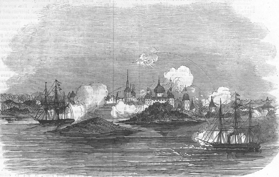 RUSSIA. Attack on Novitska, in the White Sea, antique print, 1854