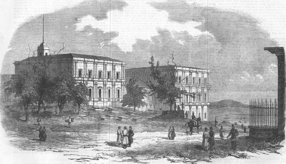 Associate Product TURKEY. The French Military Barracks, outside Pera, antique print, 1854