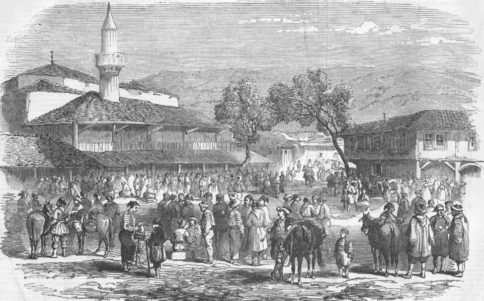 BULGARIA. The Market at Shumen, antique print, 1856