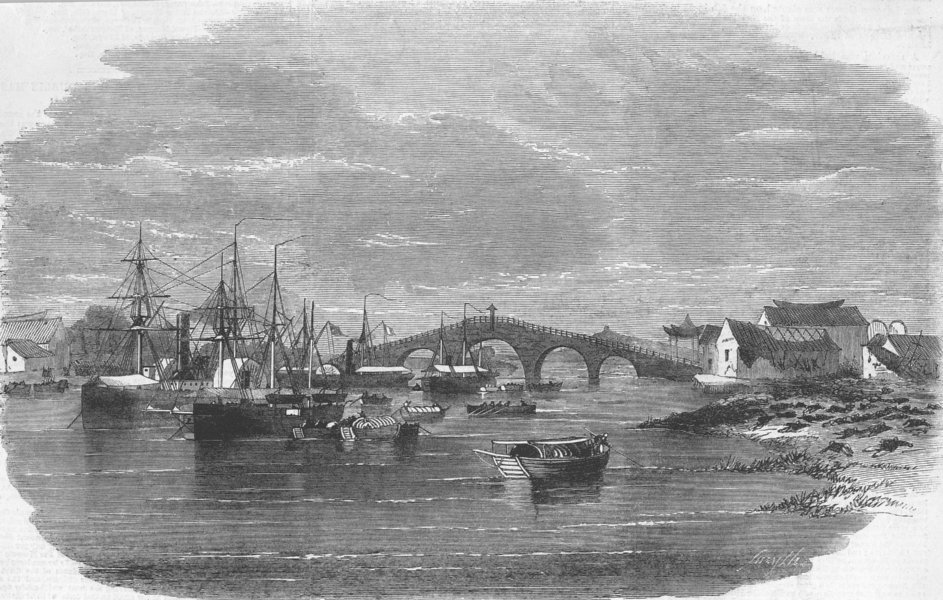CHINA. British Expedition. Fungwha; Fangchow Bridge, antique print, 1863