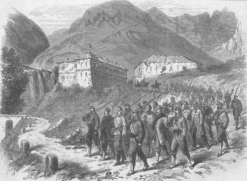 Associate Product AUSTRIA. Austrian POWs leaving Ft of Ampola, Tyrol, antique print, 1866