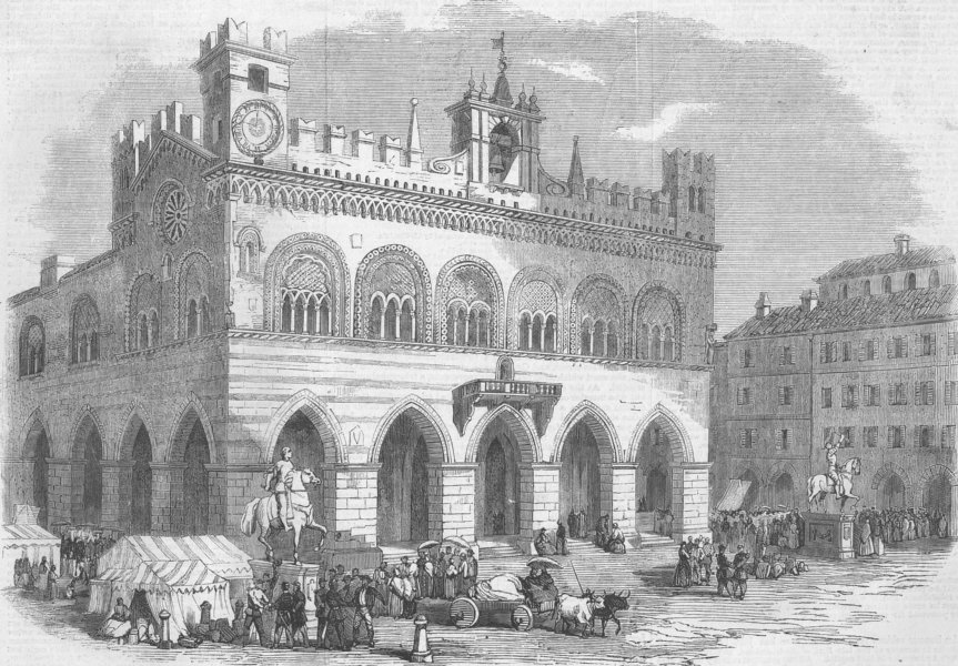 ITALY. The town hall of Piacenza, antique print, 1859