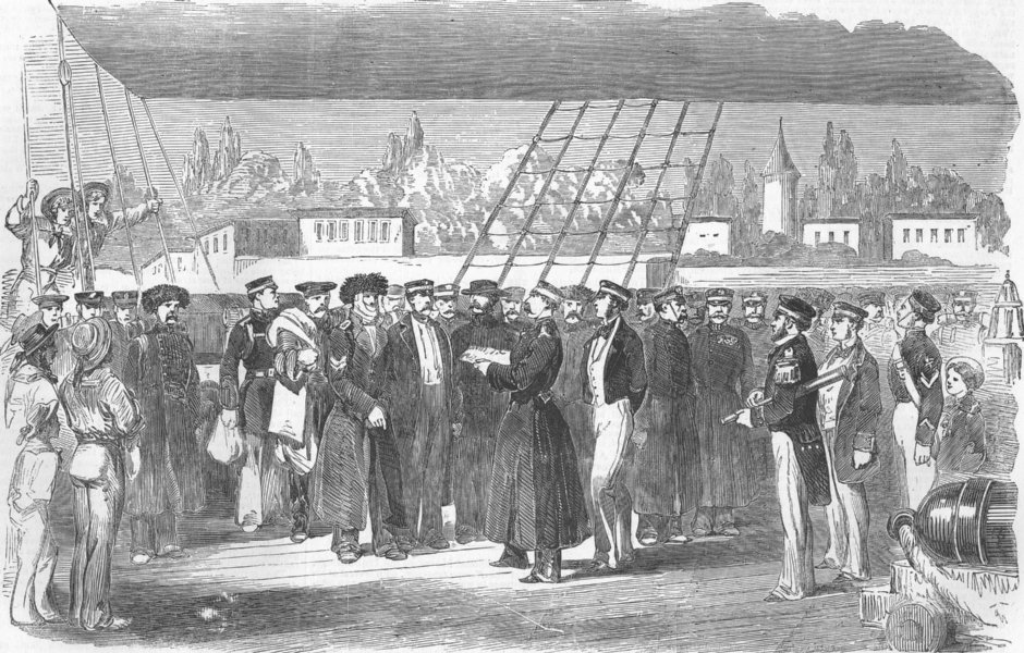 Associate Product RUSSIA. Russian prisoners, board Fury, at Istanbul, antique print, 1854